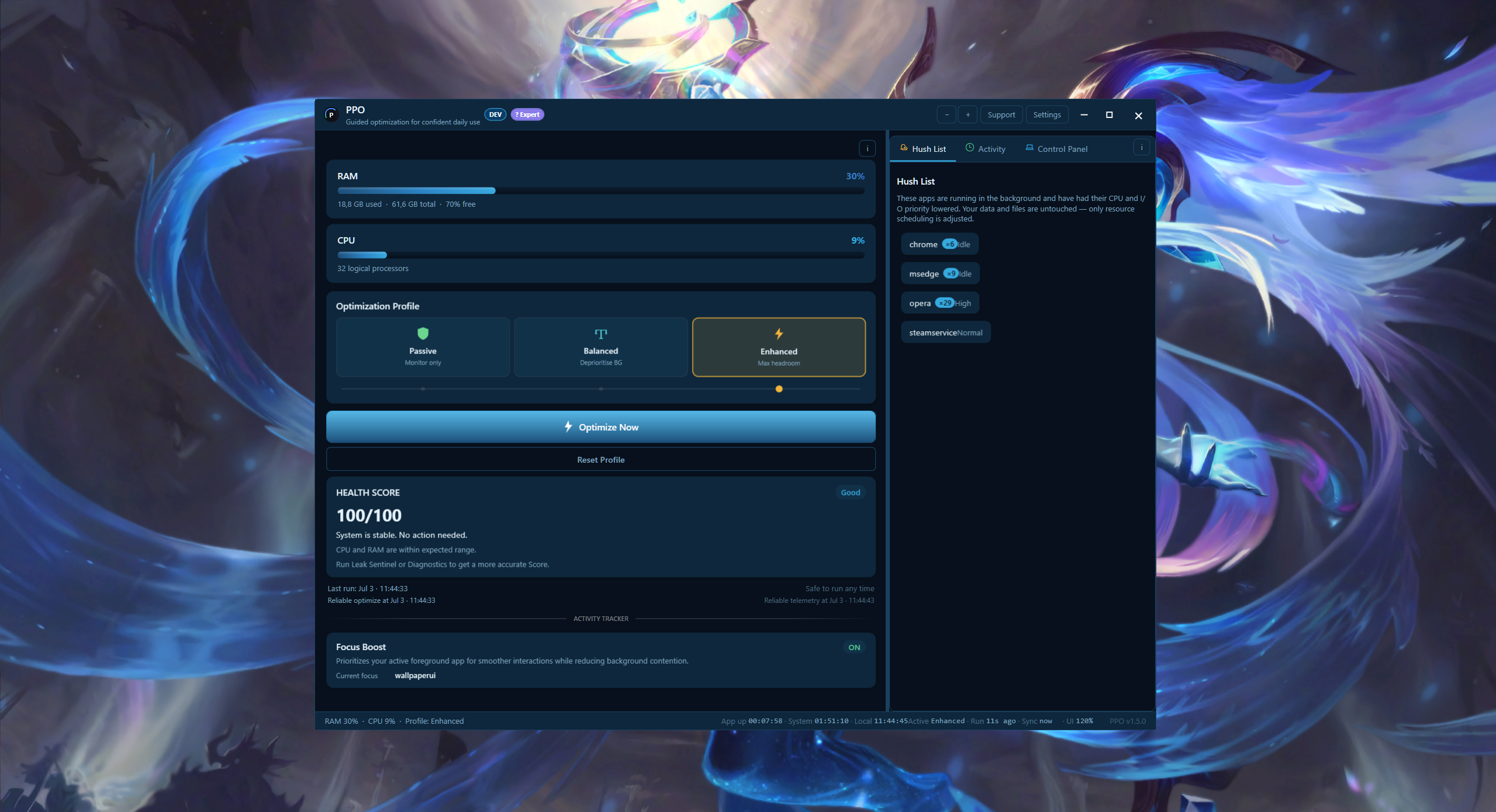 PPO dashboard with the Hush List quieting background apps (default theme)