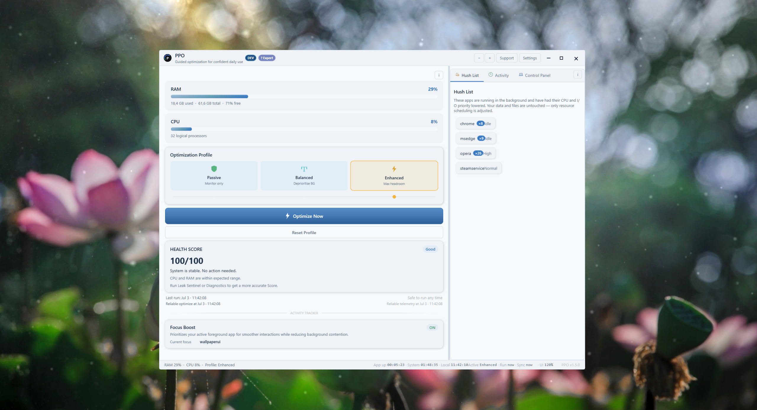 PPO dashboard with the Hush List quieting background apps (light theme)