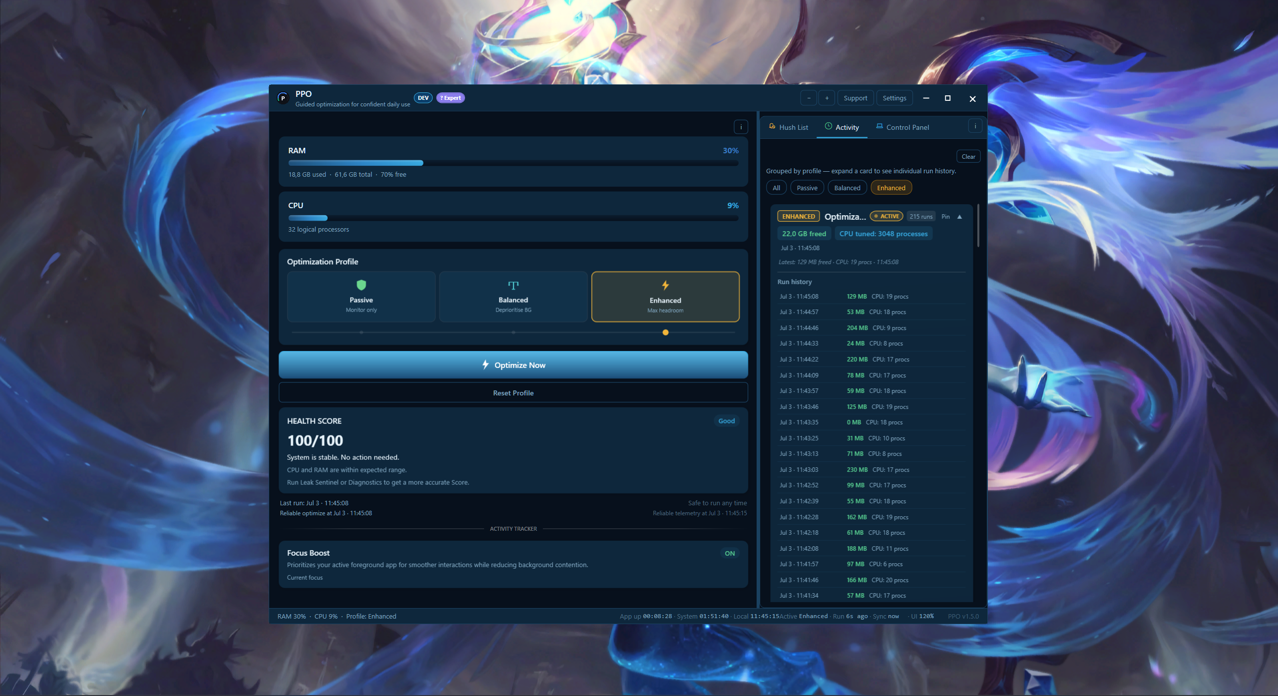 PPO Activity panel showing optimisation run history (default theme)
