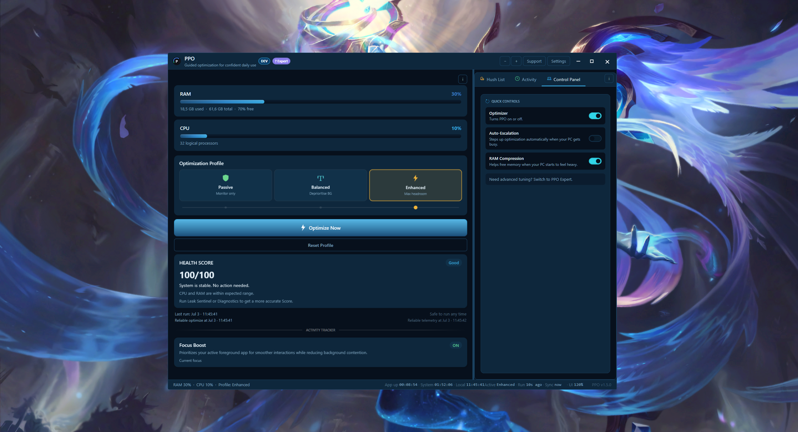 PPO Quick Control Panel with core toggles (default theme)
