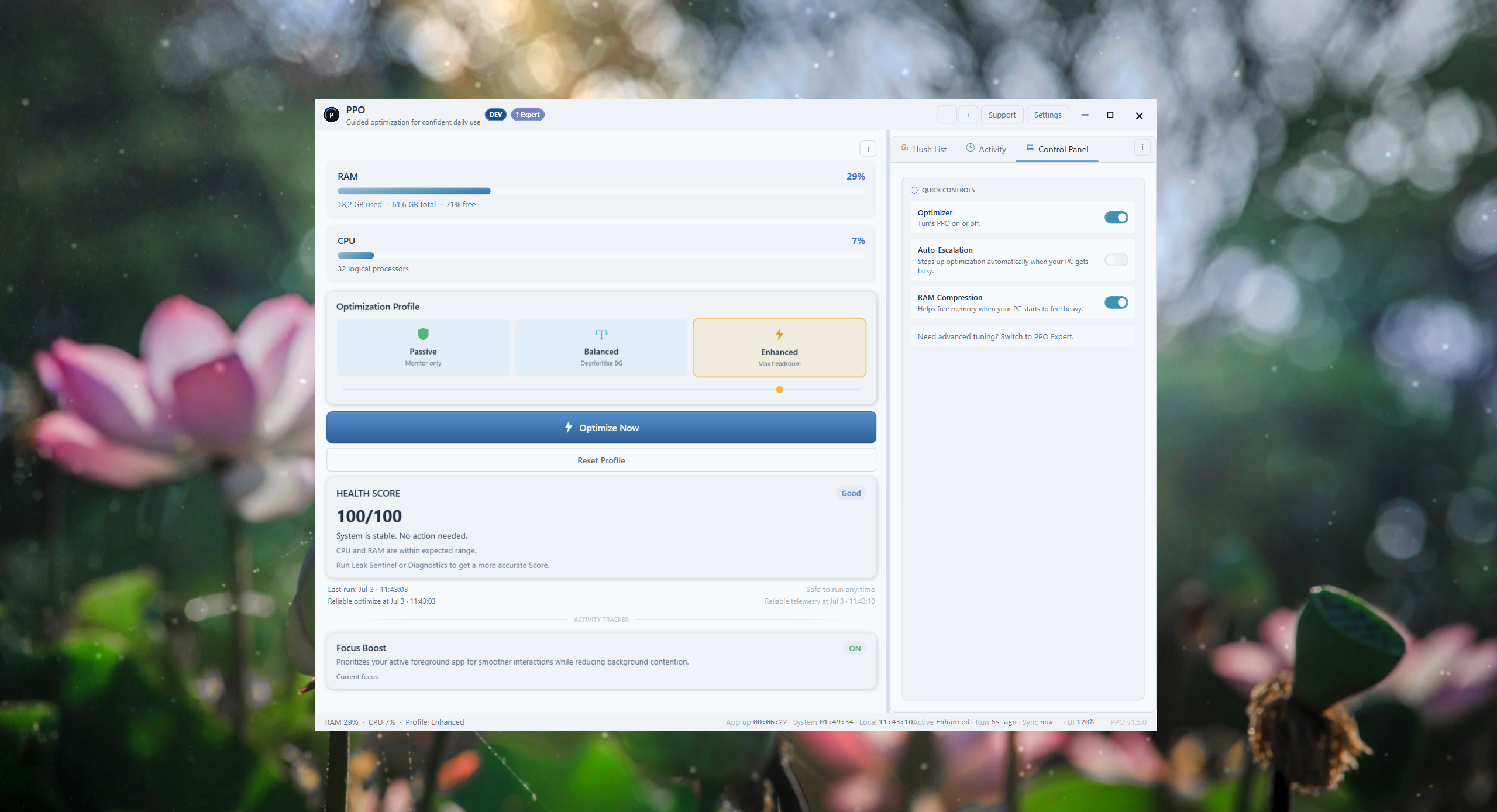 PPO Quick Control Panel with core toggles (light theme)