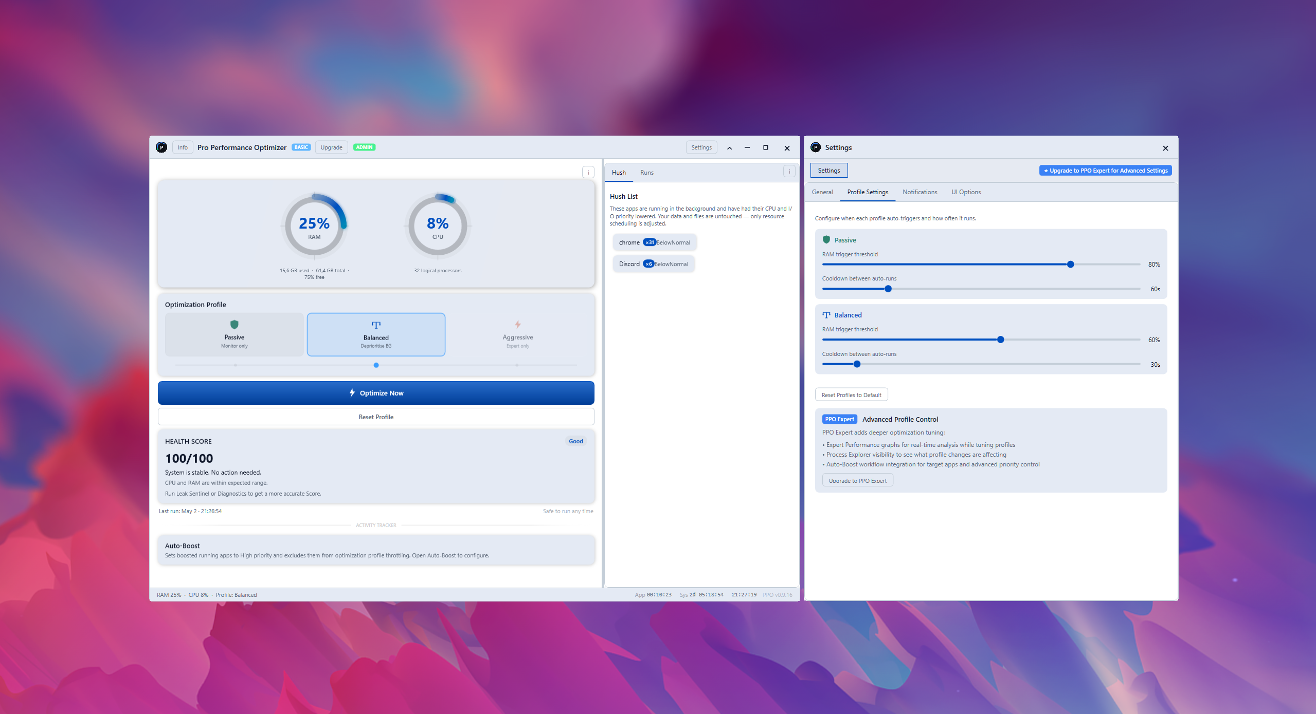 PPO Basic — dashboard and settings panel
