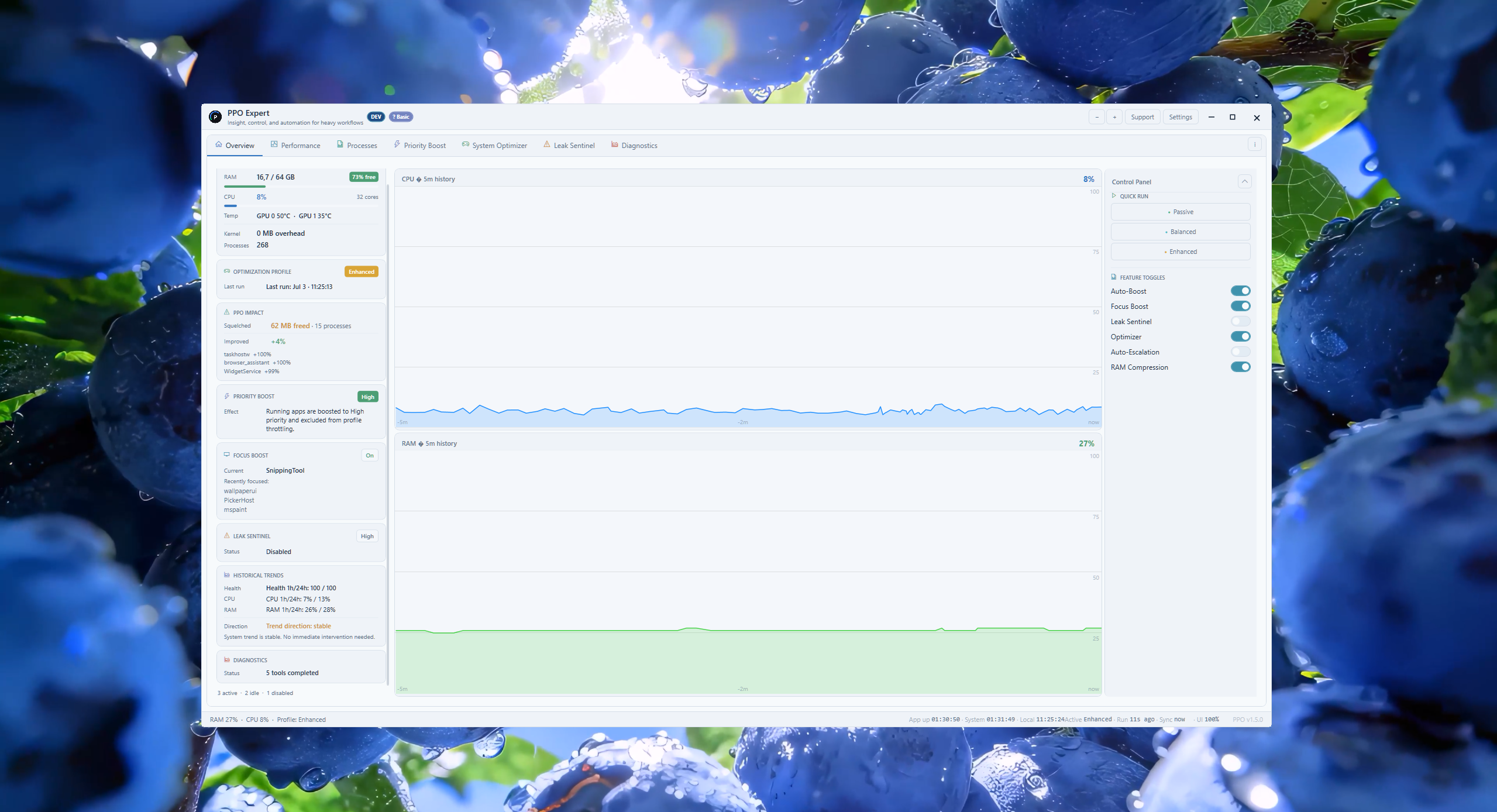 PPO Expert Overview with live system snapshot and history graphs (light theme)