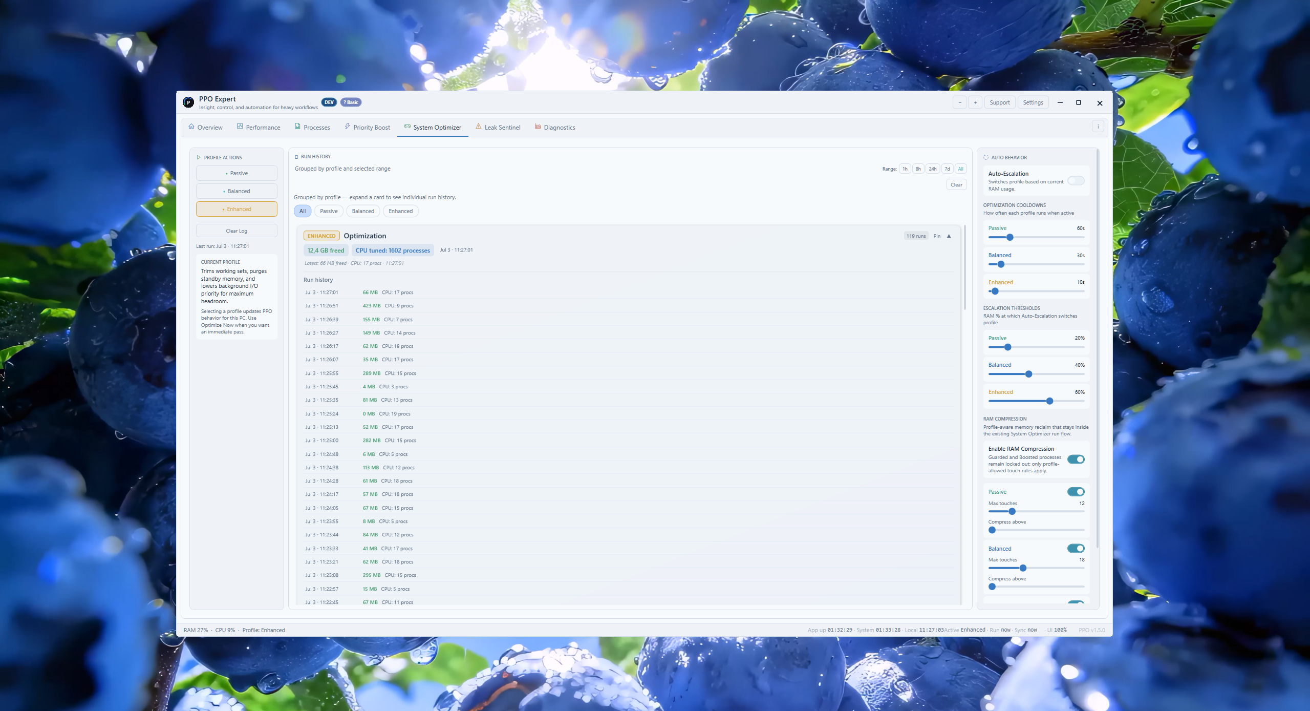 PPO Expert Performance tab CPU monitor with optimisation run details (light theme)