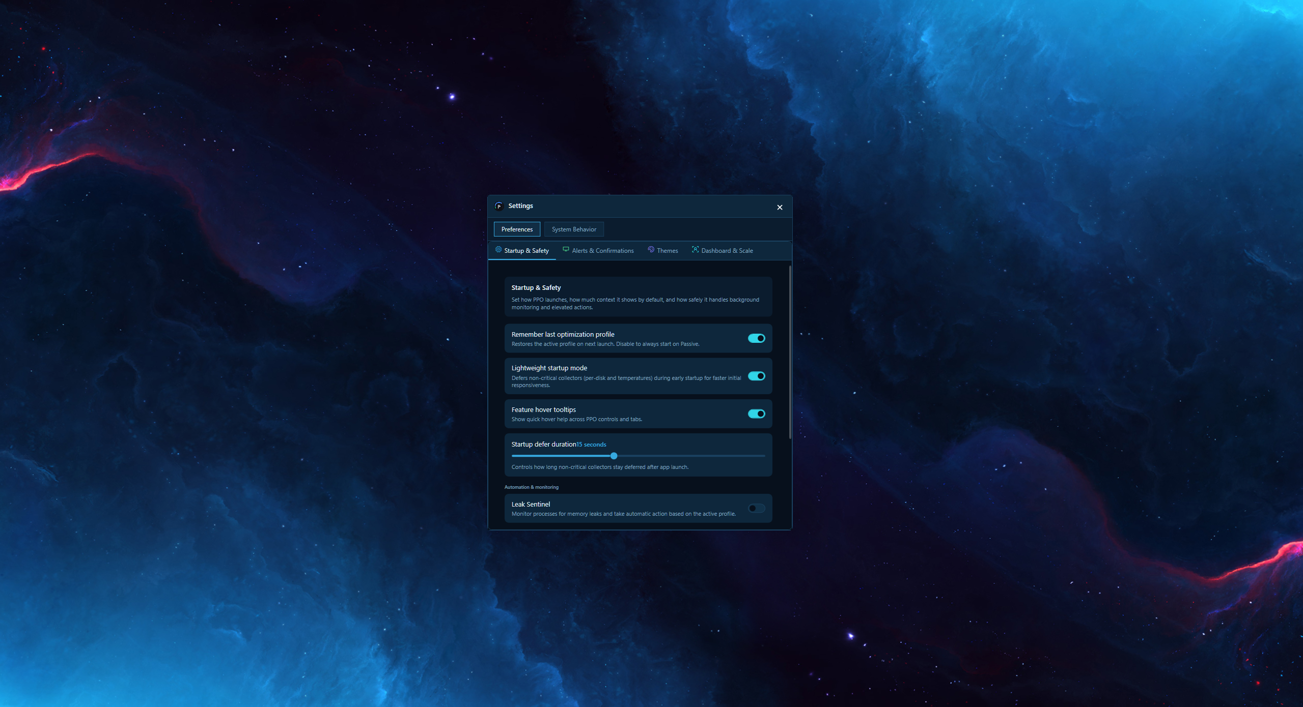 PPO Expert Settings, Startup and Safety (default theme)