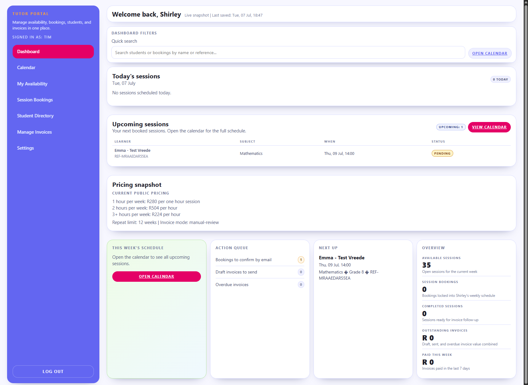 Shirley Dunn Tutor administration portal