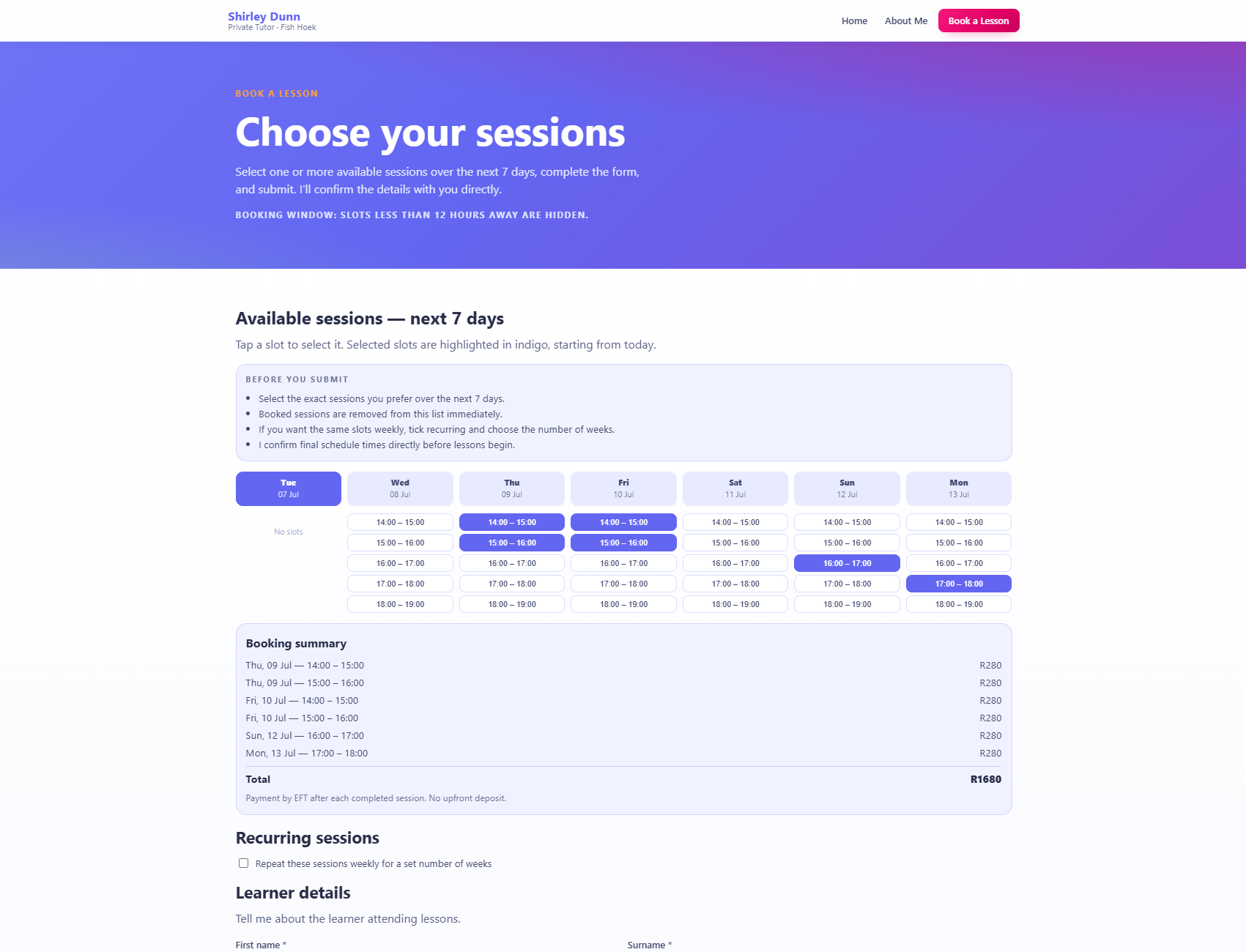 Shirley Dunn Tutor booking page with selectable lesson sessions