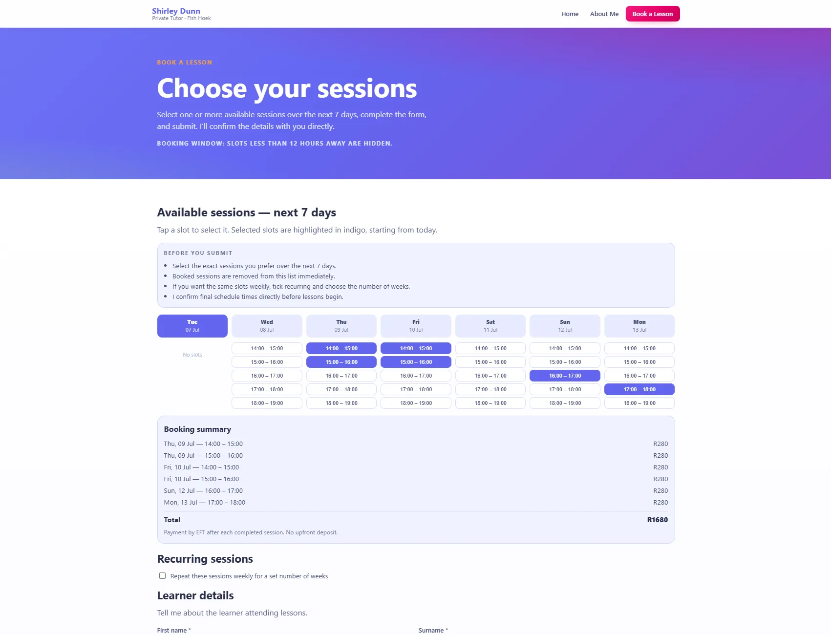 Shirley Dunn Tutor lesson booking flow