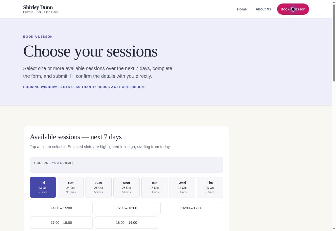 Current Shirley Dunn Tutor lesson-booking workflow